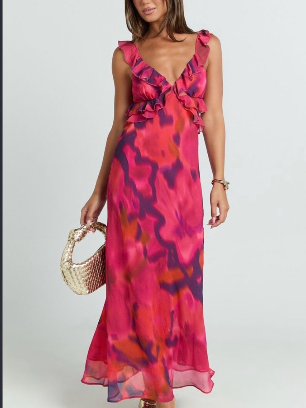 Ruffled V-Neck Pink Abstract Maxi Dress